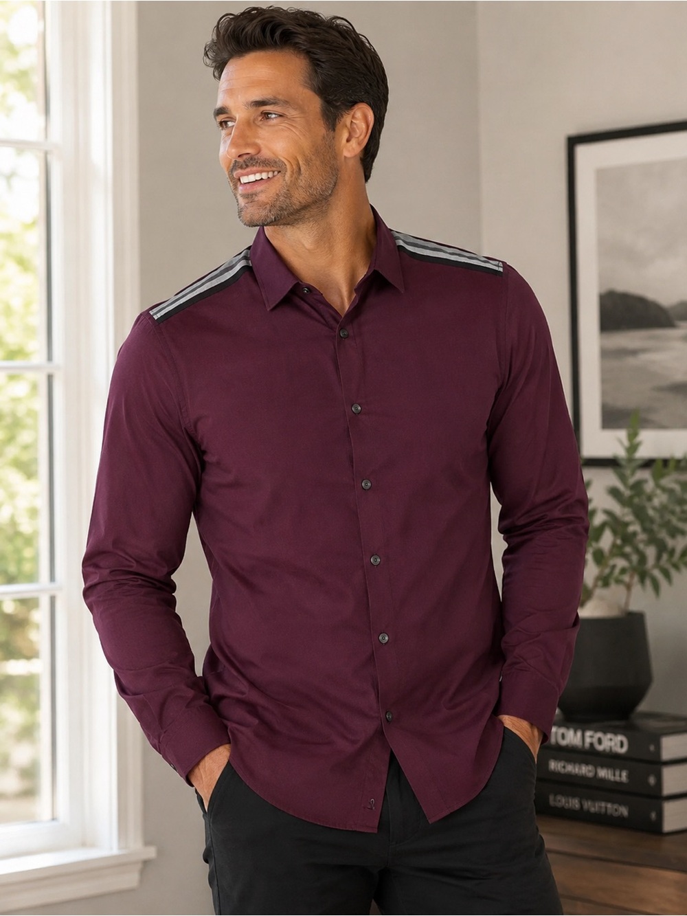 Bruno Milano Mens L Burgundy Button Down Shirt Modern Fit Contrast Shoulder Trim